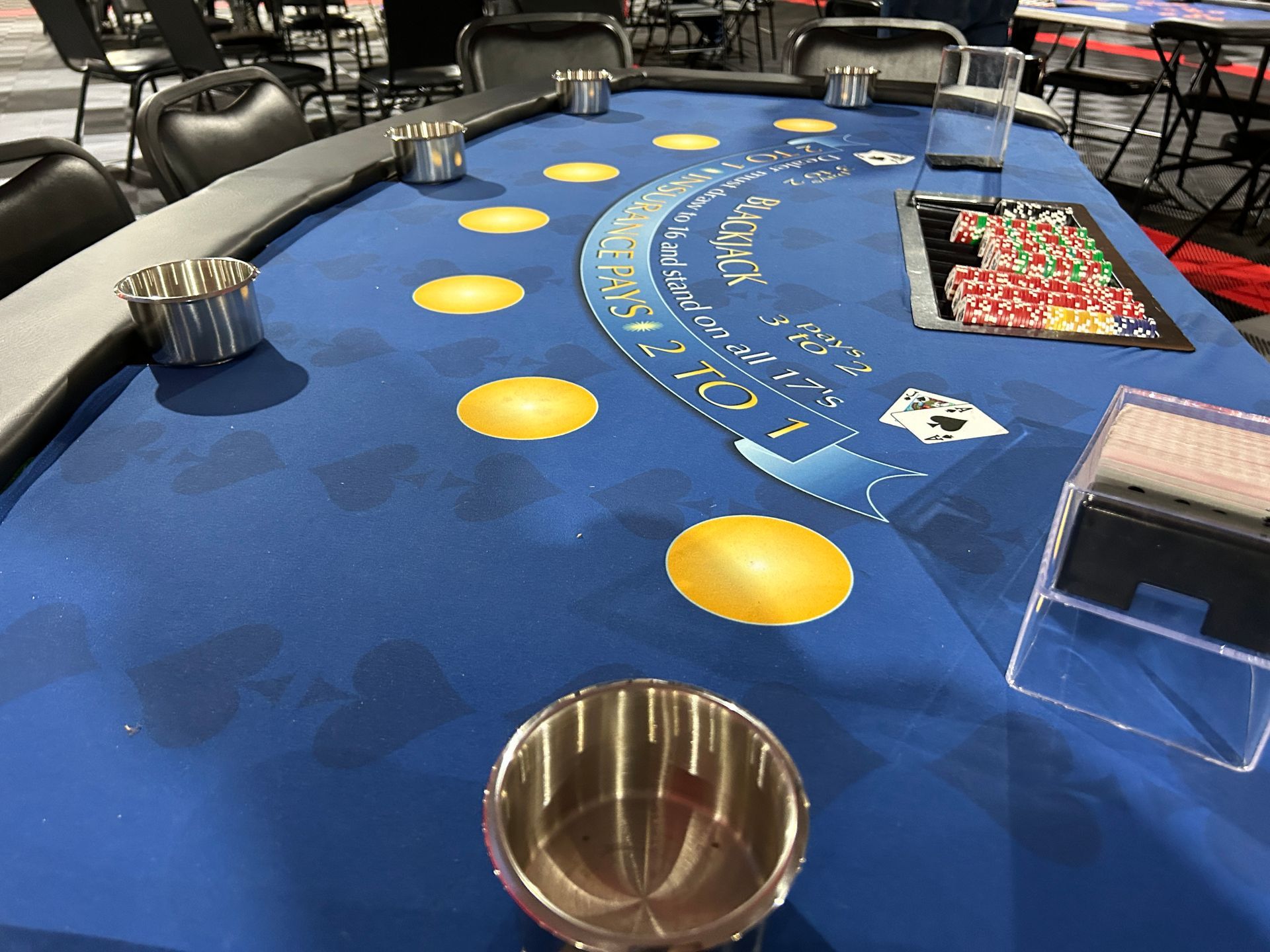 A blue table with yellow circles on it