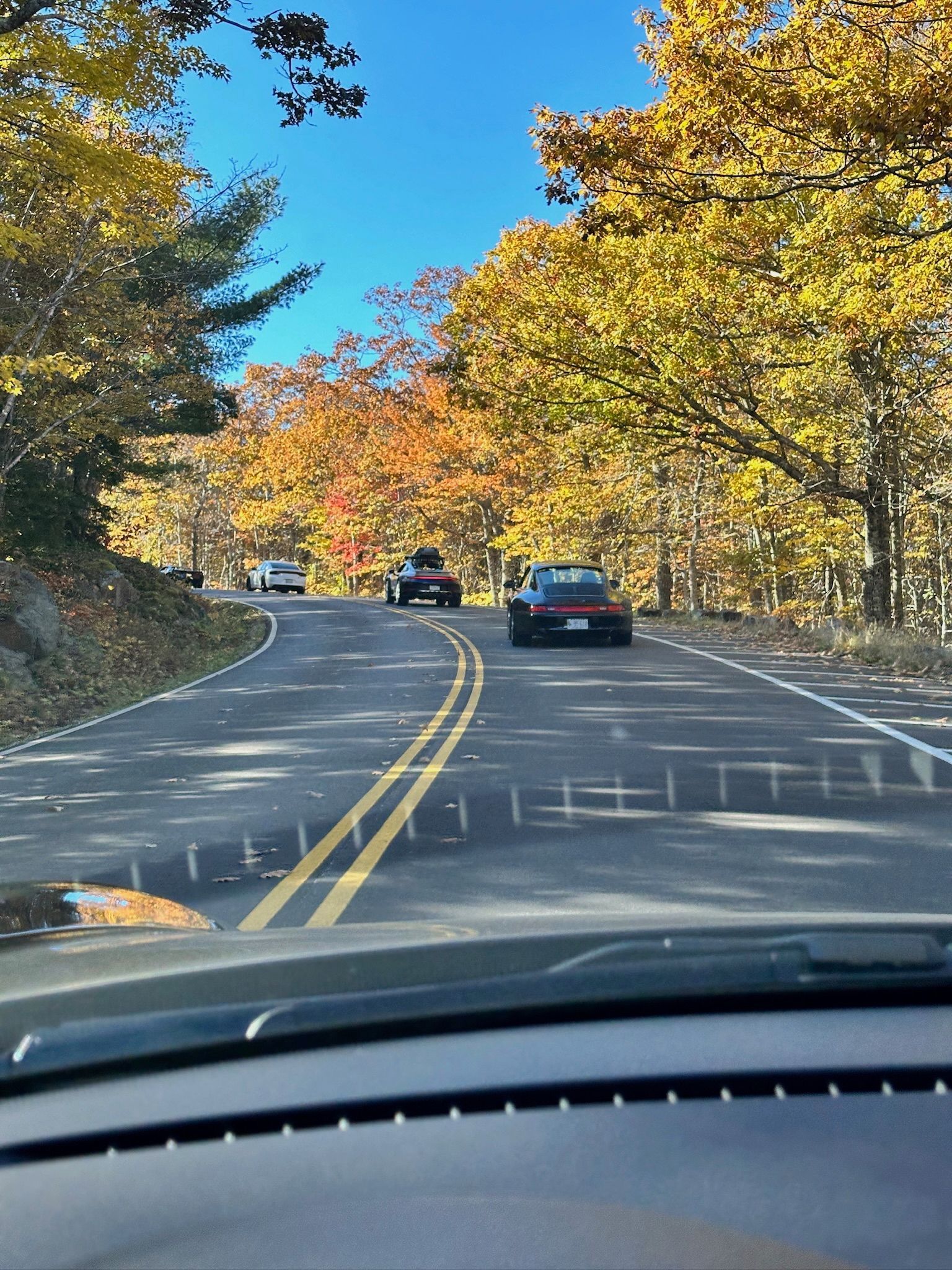 A car is driving down a road with trees on both sides