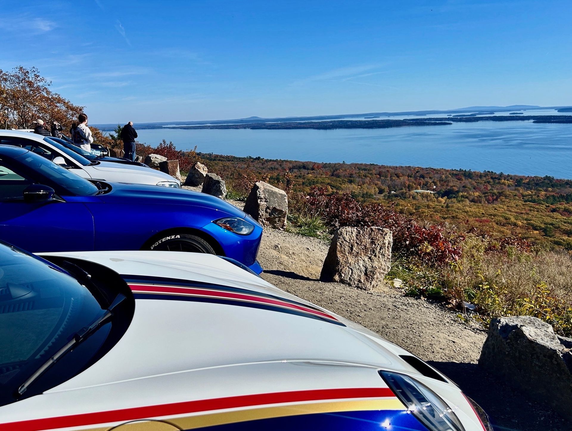 A row of cars are parked on a hill overlooking a body of water