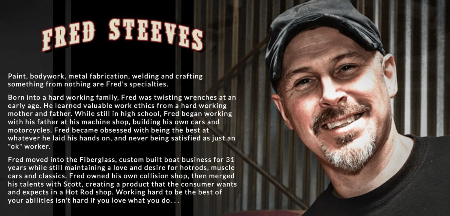 A man with a beard is smiling in front of a sign that says fred steeves