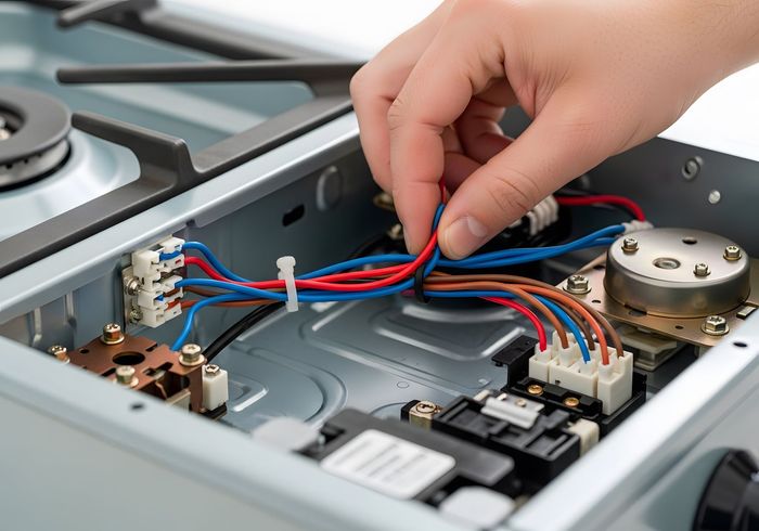 Hand installing red and blue wires inside an open electronic device chassis