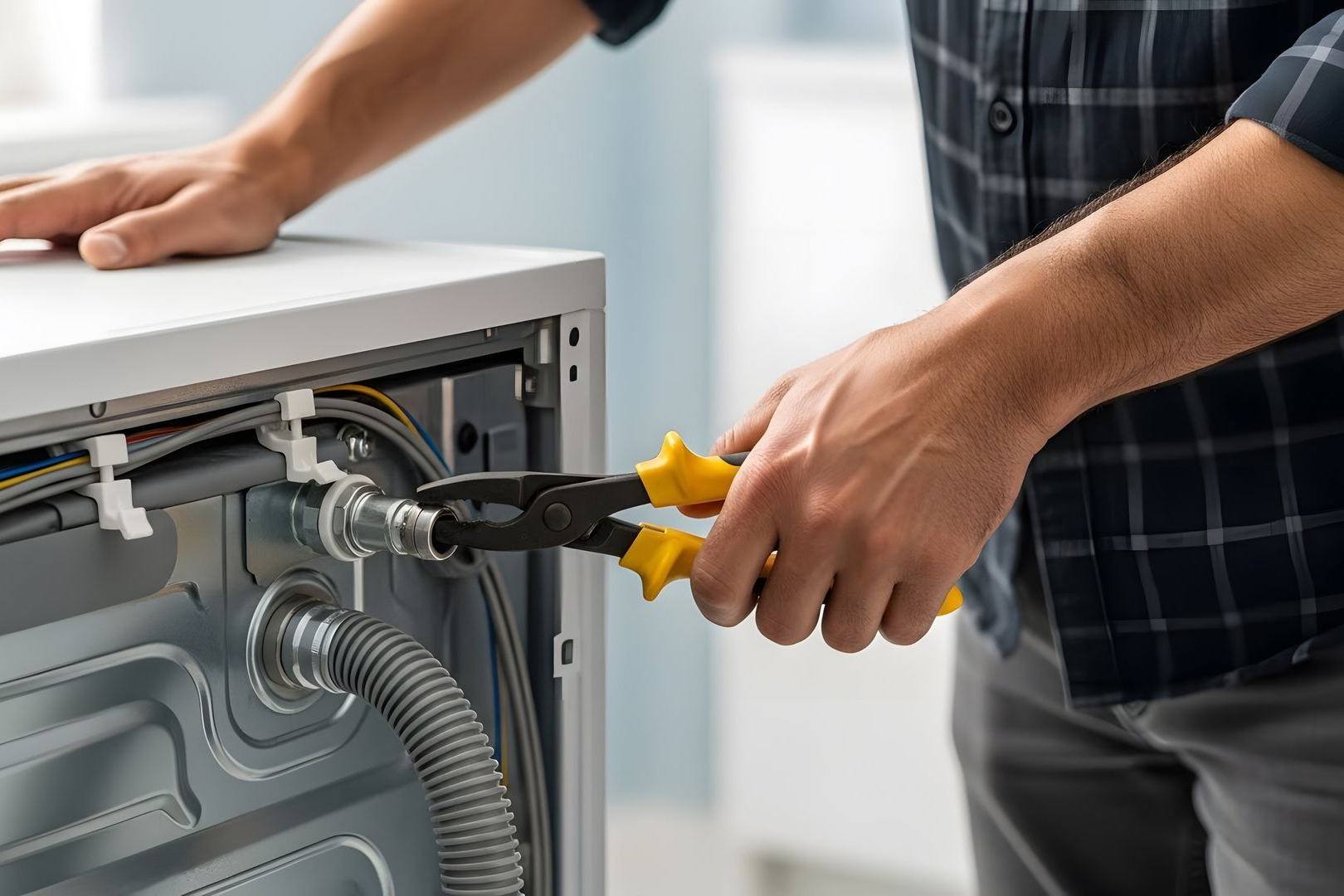 Technician using pliers to repair the exposed wiring inside a dishwasher