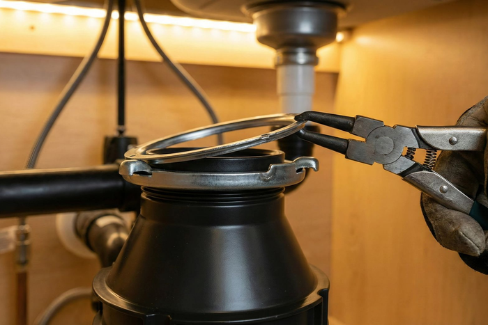 Hands using pliers to tighten a metal clamp on a black container under a machine nozzle