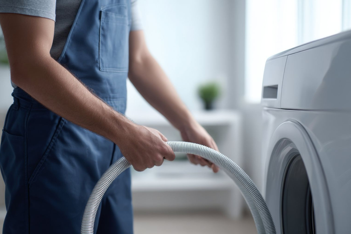 Person in blue overalls handling a hose beside a washing machine in a laundry room