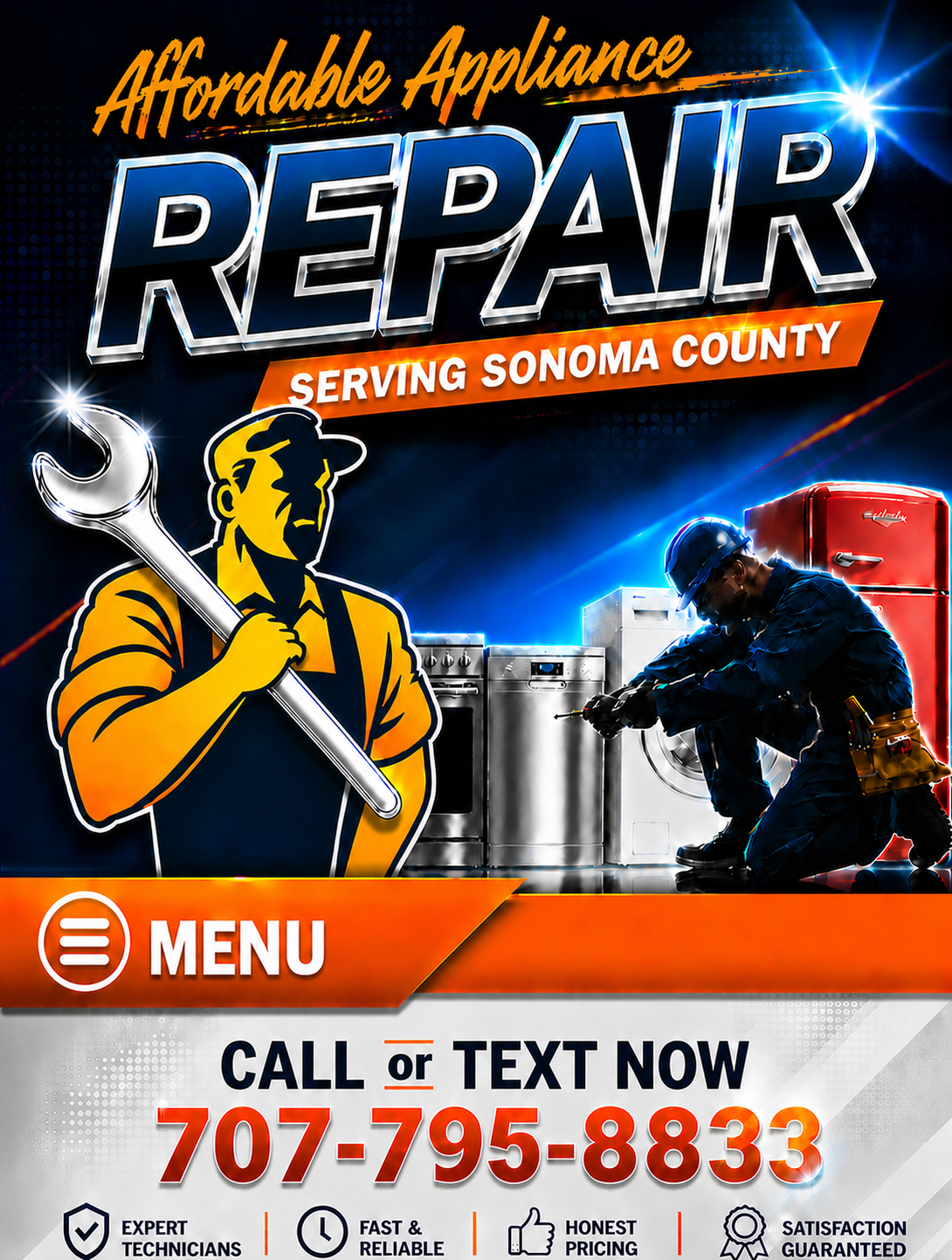 Affordable Appliance Repair ad with service call/text number, tools, and washing machine repair scene
