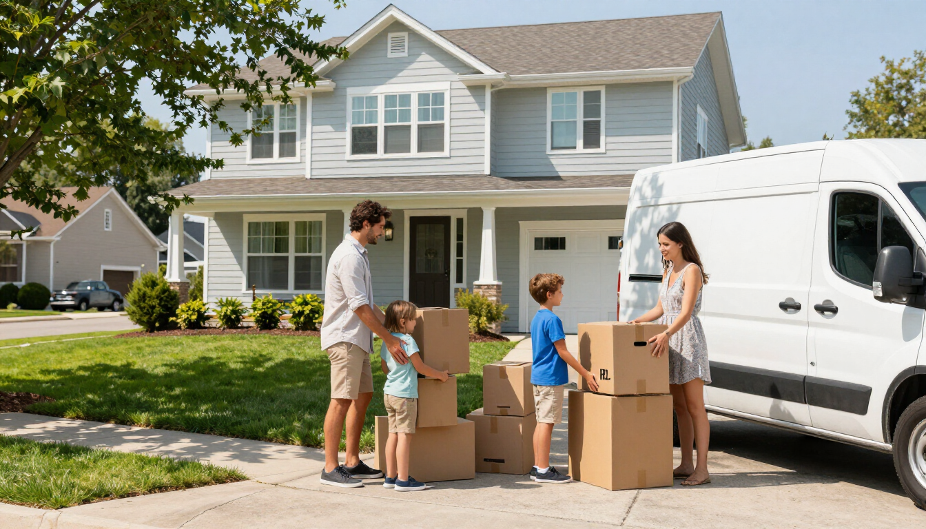 Family unloading moving boxes beside a white van in front of a suburban house