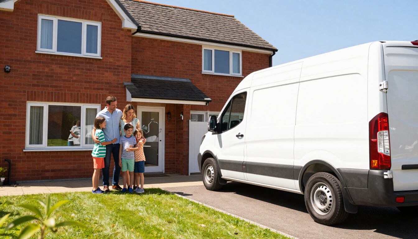 Family standing outside a brick house beside a white van on a sunny driveway