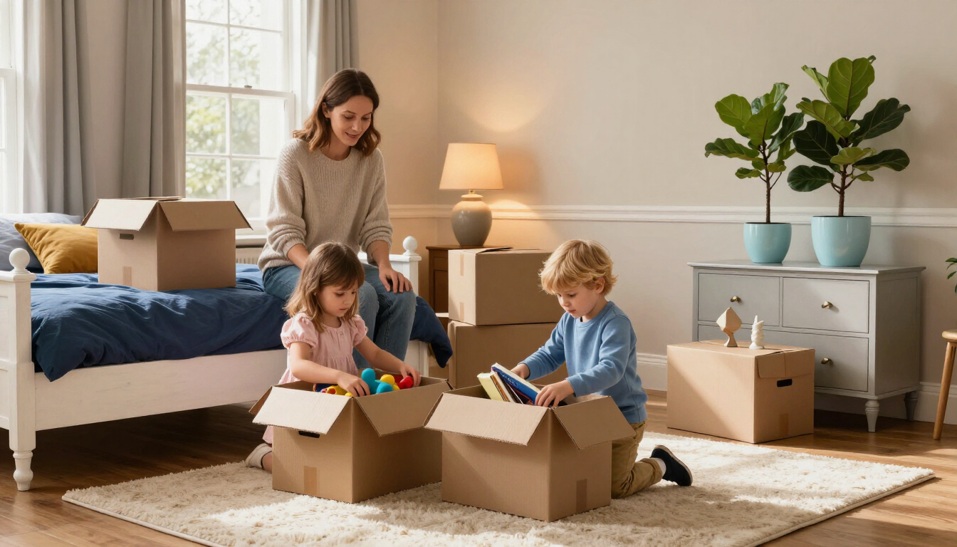 Children unpacking boxes in a bright living room while an adult stands nearby; moving day scene.