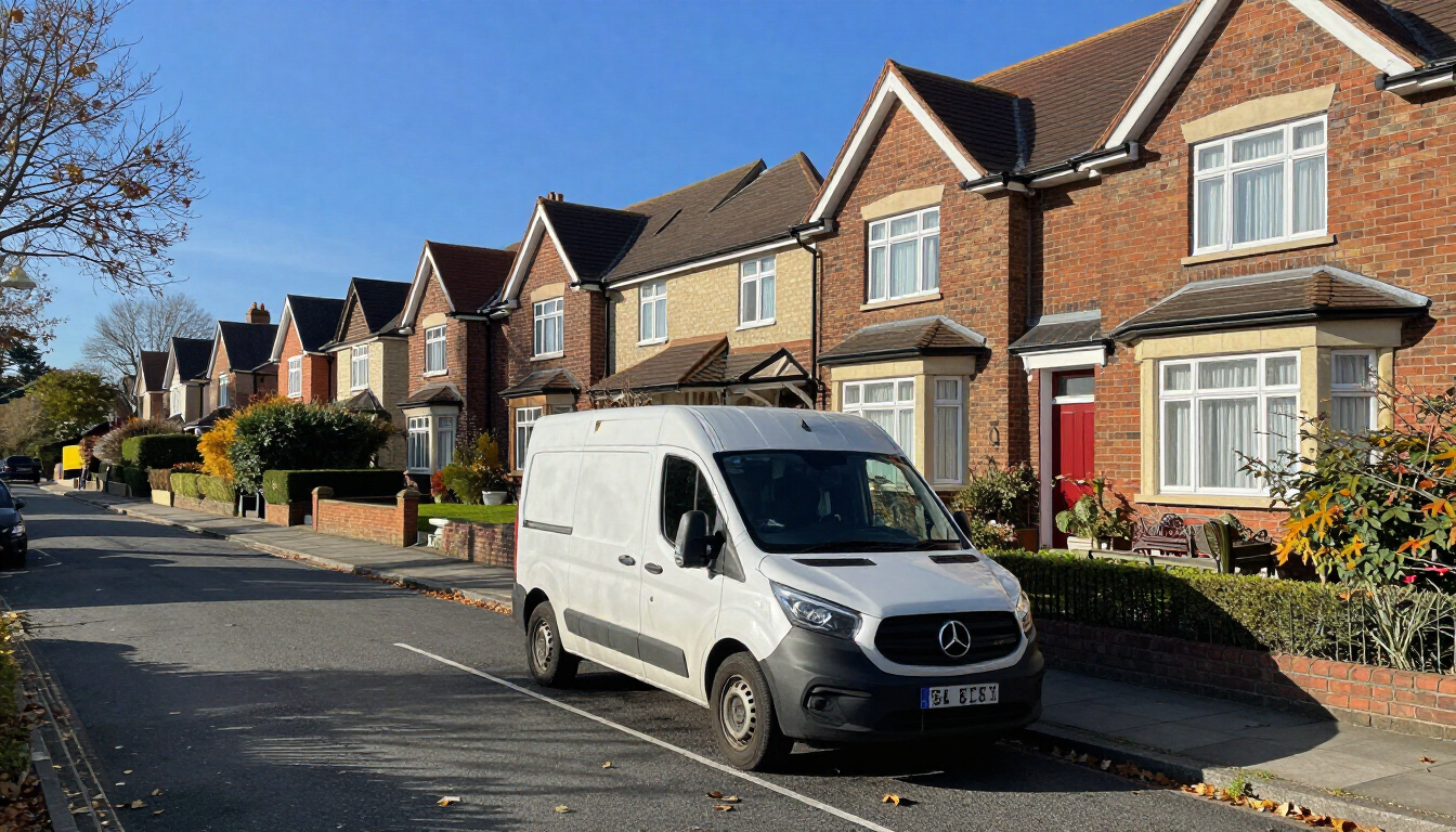 White delivery van parked on a sunny residential street with brick houses and gardens.