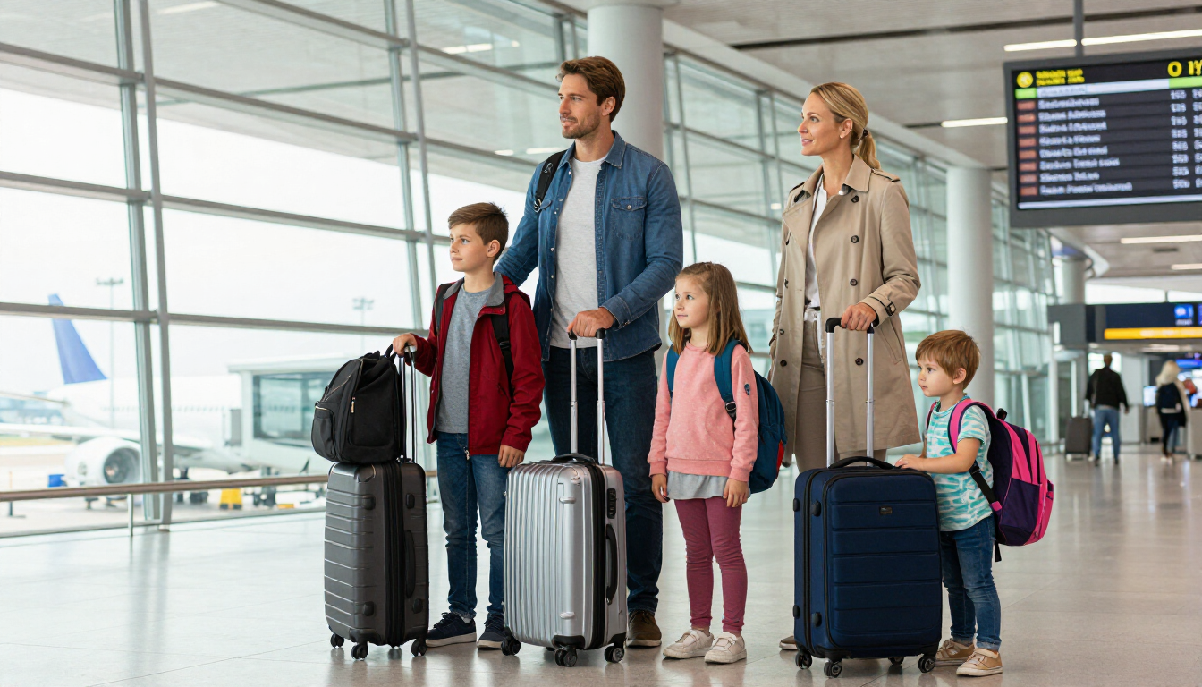 Family with luggage standing in an airport terminal near a departure board