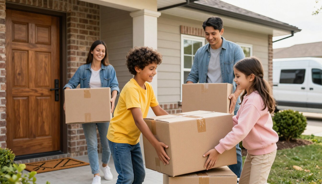 People carrying cardboard boxes into a house during a move.