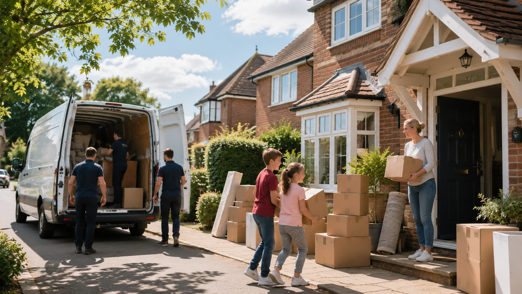 People unloading boxes from a moving van outside a brick house on a sunny street