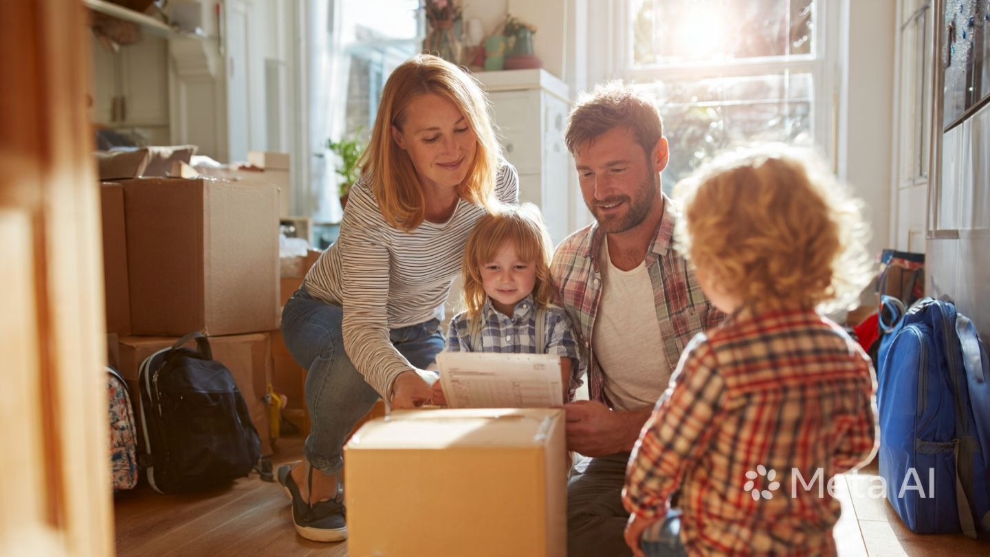Family packing cardboard boxes in a sunlit living room, with a child helping near a moving box.