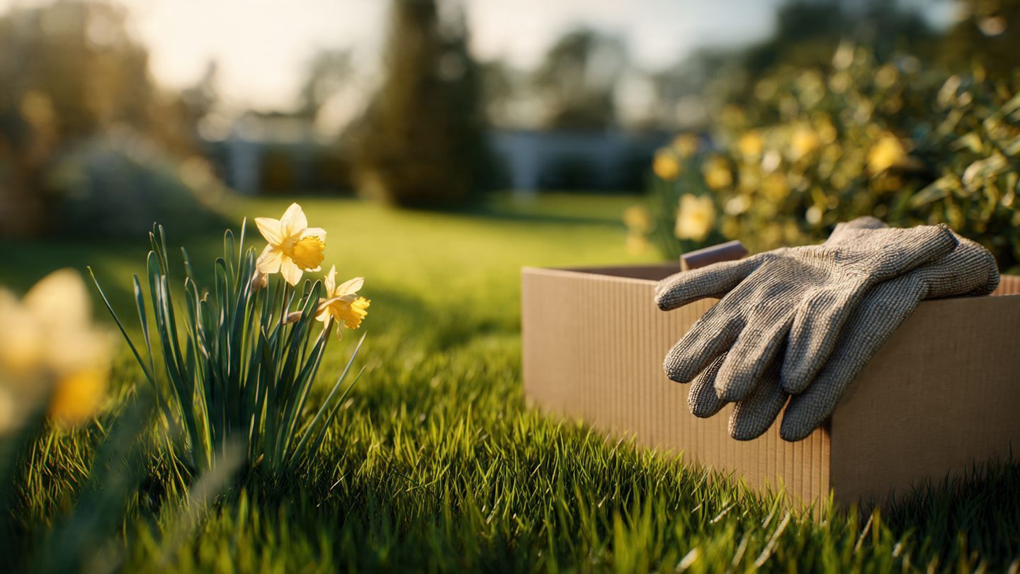 Gardening gloves on a cardboard box beside daffodils in a sunny garden