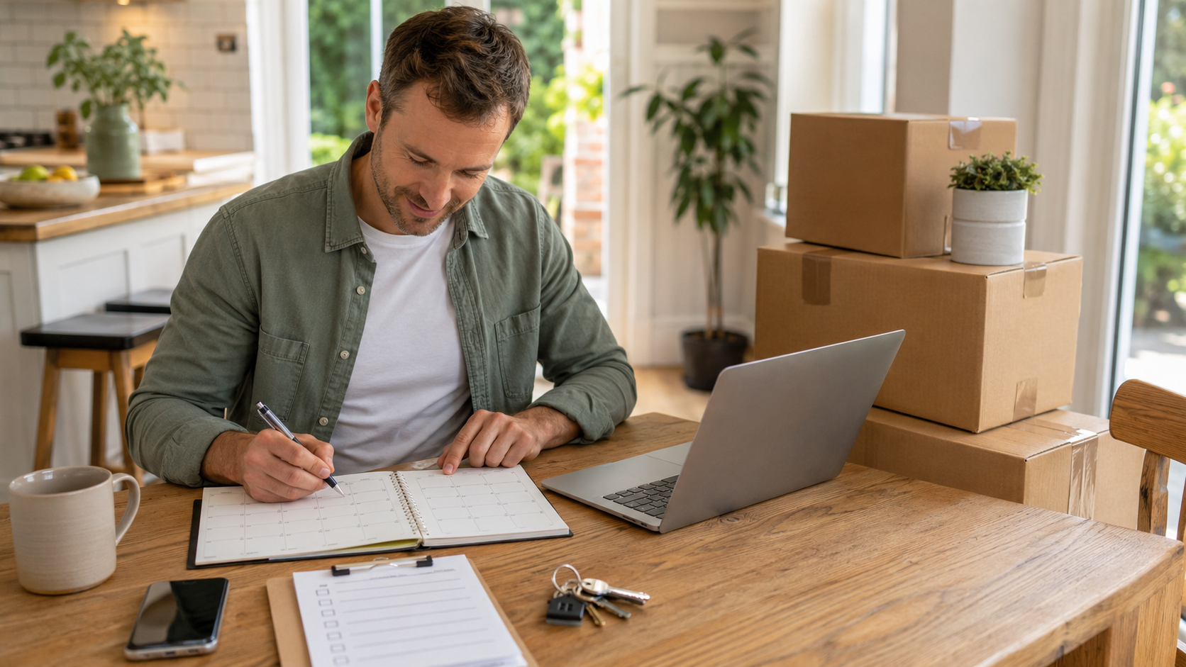 Person writing on a clipboard at a desk with a laptop and packed cardboard boxes nearby