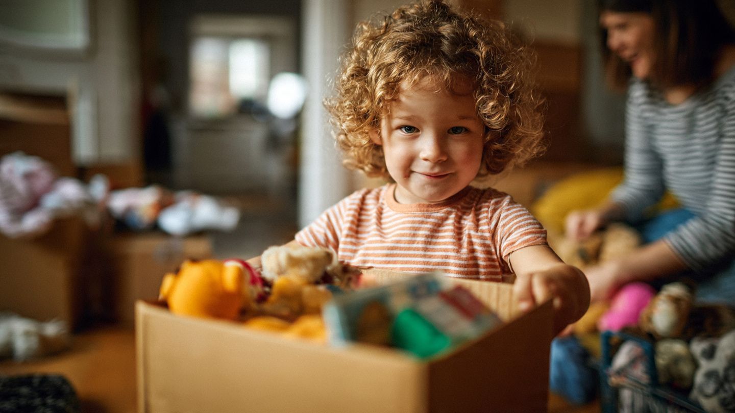 Smiling child with curly hair playing with toys in a cardboard box, indoors with an adult in the background