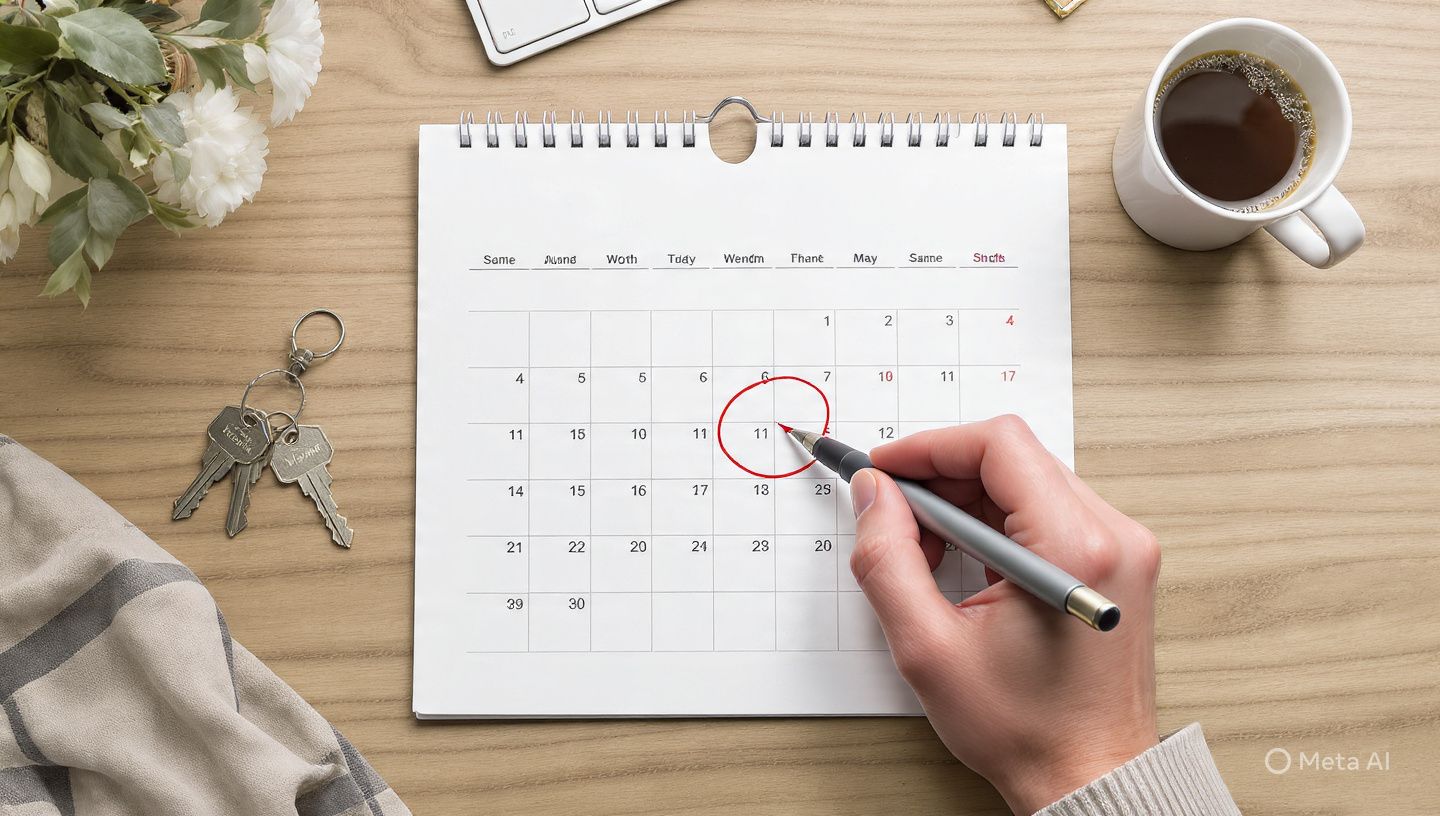 Hand circling a date on a desk calendar next to coffee, keys, and flowers on a wooden table