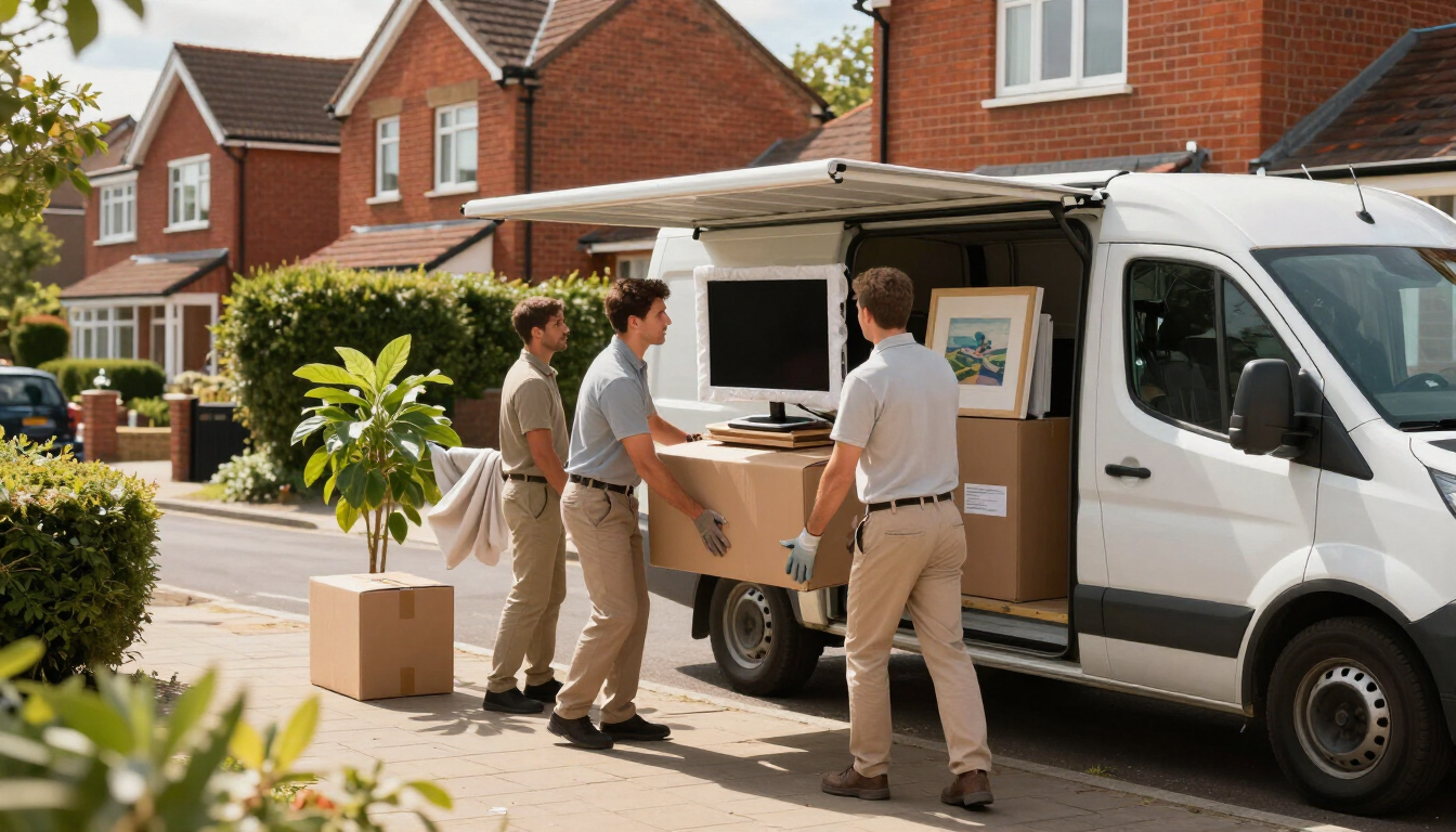 Three movers load boxes from a white van outside a suburban brick house