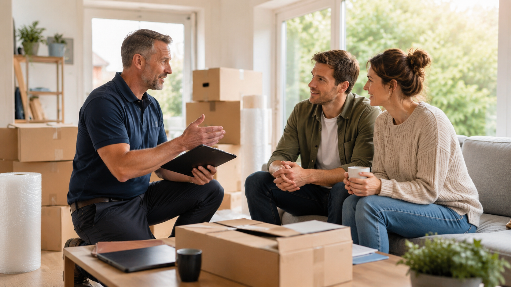 Three people talking in a bright living room with moving boxes and a packed suitcase.