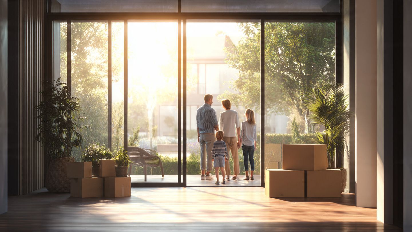 Family standing in a sunlit living room by large glass doors, with moving boxes stacked nearby.