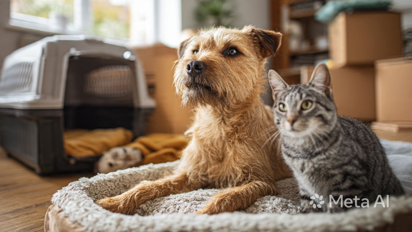Gray tabby cat in foreground with brown dachshund lying behind on a carpeted living room floor