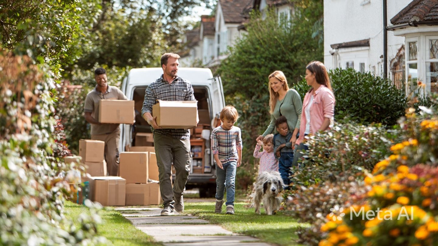 Family moving boxes into a suburban house, with children and adults on a front walkway