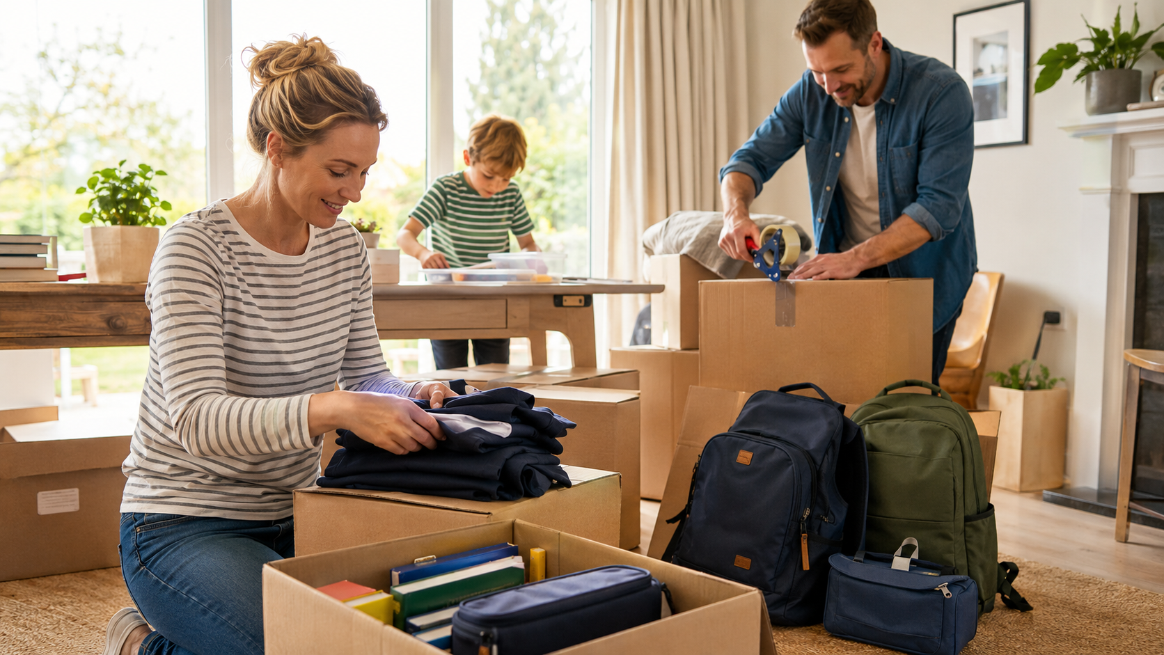 Family packing boxes and backpacks in a bright living room during a move.