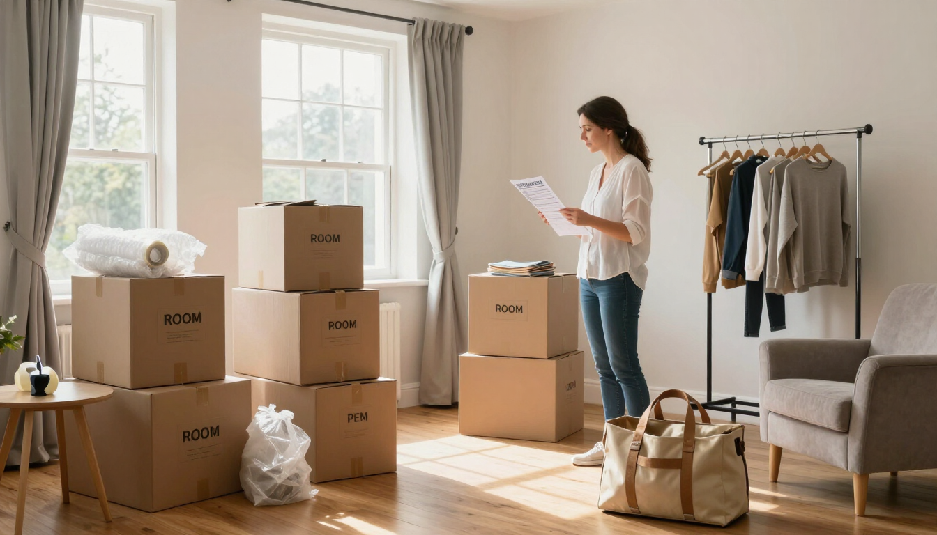 Woman reading a checklist among moving boxes in a bright living room with packed bags and clothes rack