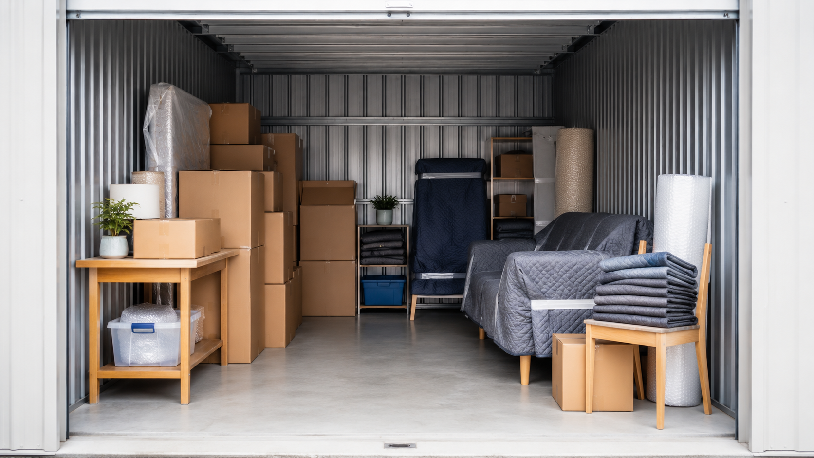 Packed storage container with moving boxes, furniture, and household items inside
