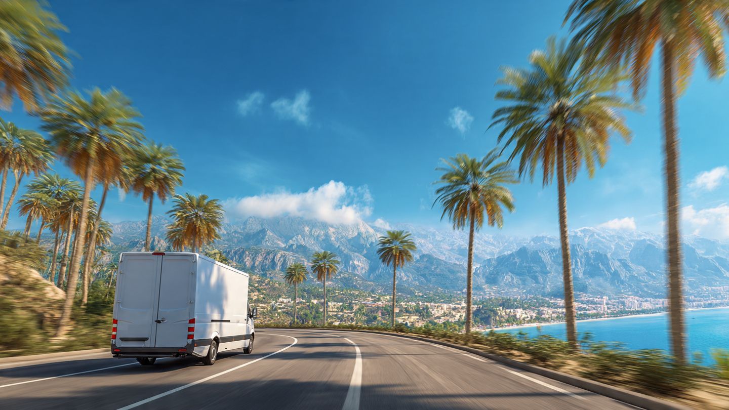 White truck driving along a palm-lined coastal road beside the blue ocean under a clear sky.