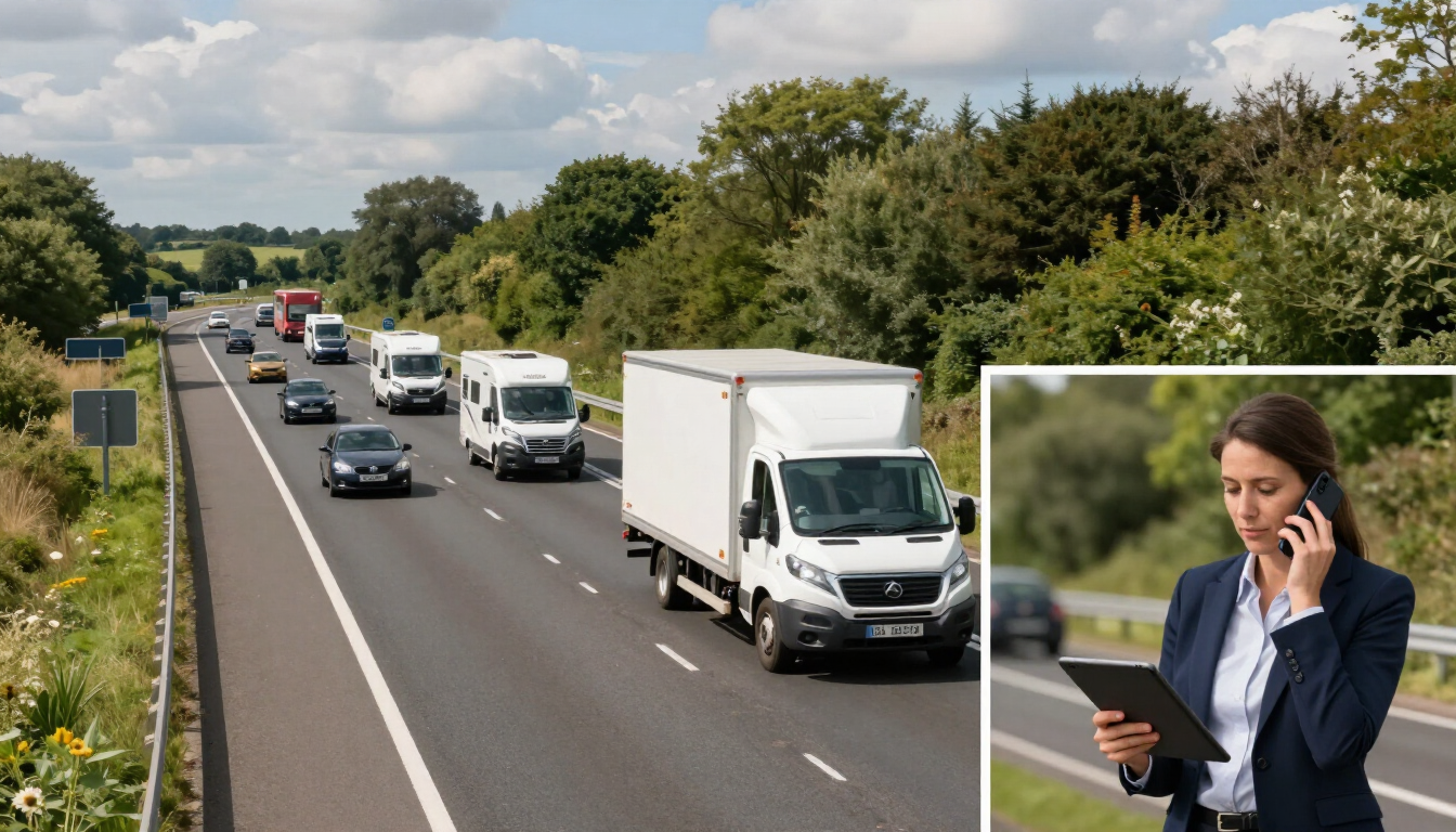 Traffic on a rural highway; inset shows a woman in a blazer using a phone and holding a tablet.