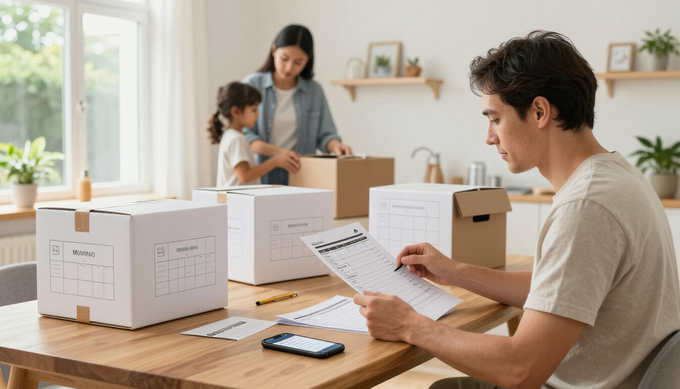 People packing boxes at a table in a bright room, sorting papers and moving supplies.