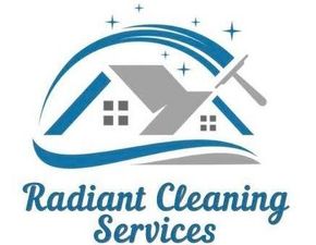 Radiant Cleaning Services logo with blue house, roofline, stars, and broom icon