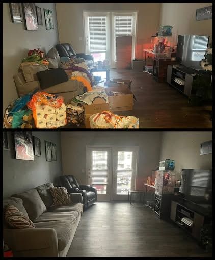 Messy living room above, tidy living room below, with couch, TV, and sliding glass doors.
