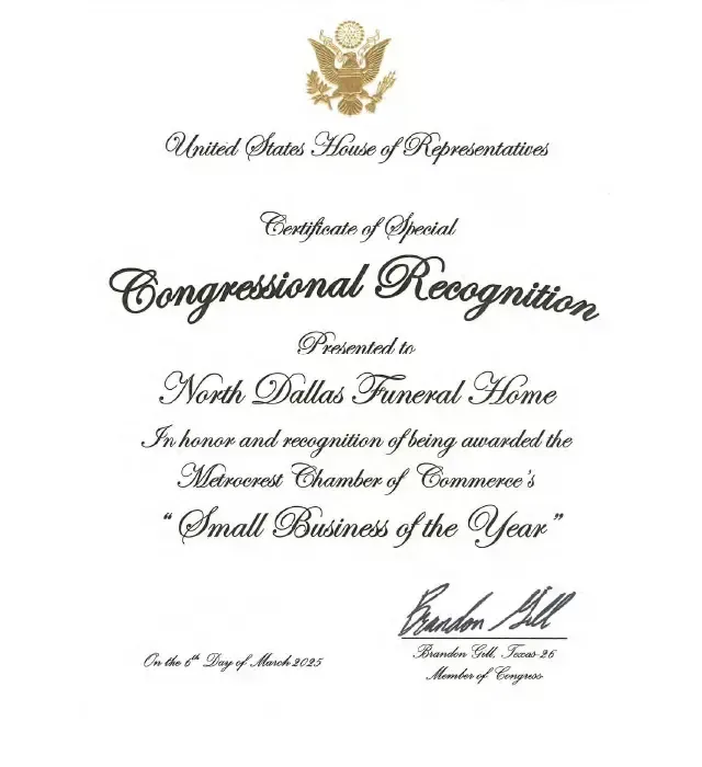 Congressional recognition award for North Dallas Funeral Home