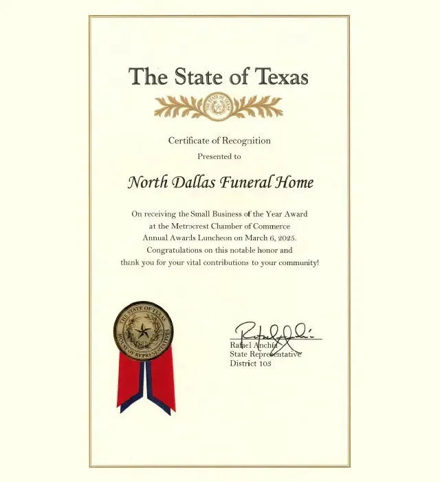 Texas recognition certificate for North Dallas Funeral Home award