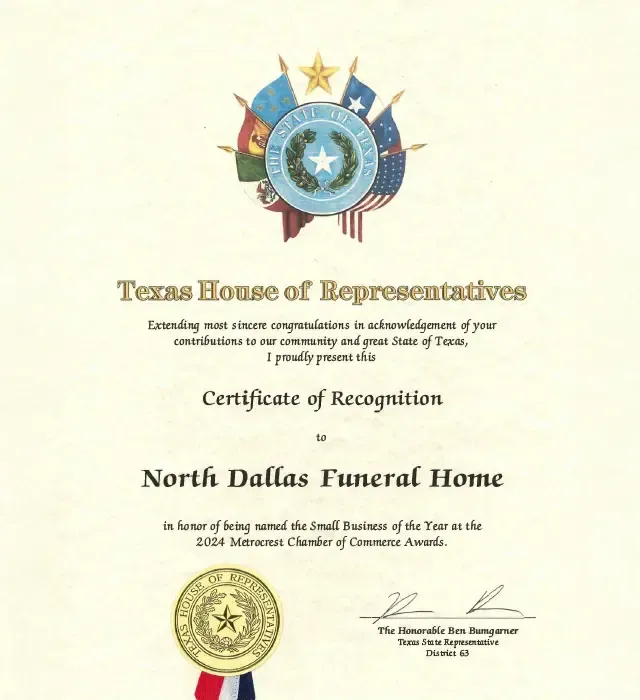 Texas House recognition award for North Dallas Funeral Home