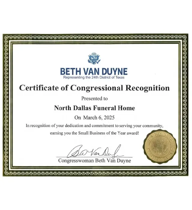Congressional recognition certificate for North Dallas Funeral Home