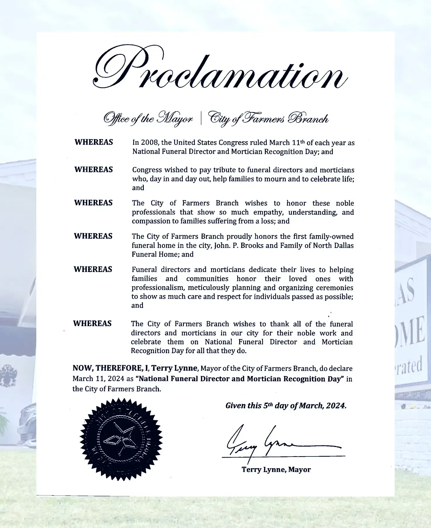 Farmers Branch proclamation honoring funeral directors and care