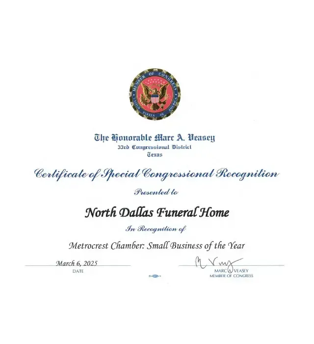 Congressional recognition award for North Dallas Funeral Home
