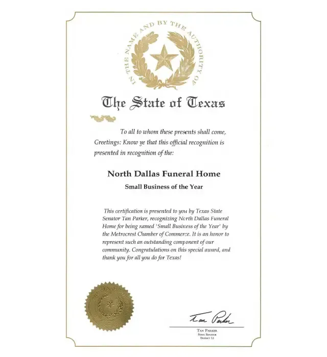 Texas Small Business of the Year recognition for funeral home