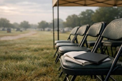 Addison funeral home burial planning scene with graveside chairs under a shade tent after light