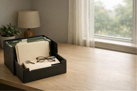 Addison funeral home preplanning scene with an organized file box, key, envelope, and glasses