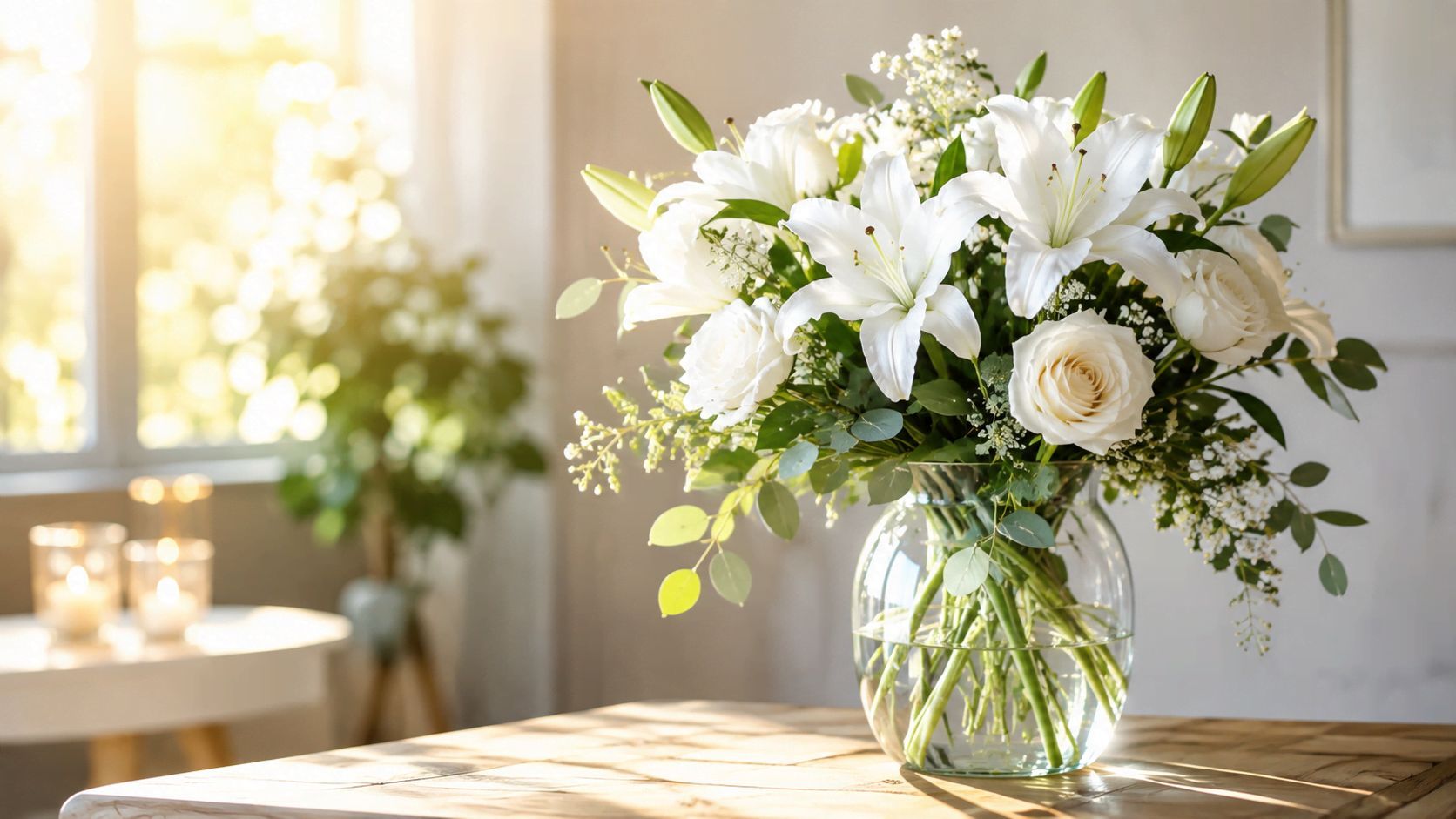 Elegant white lilies and roses in a bright vase, a classic Addison funeral home arrangement for a funeral home