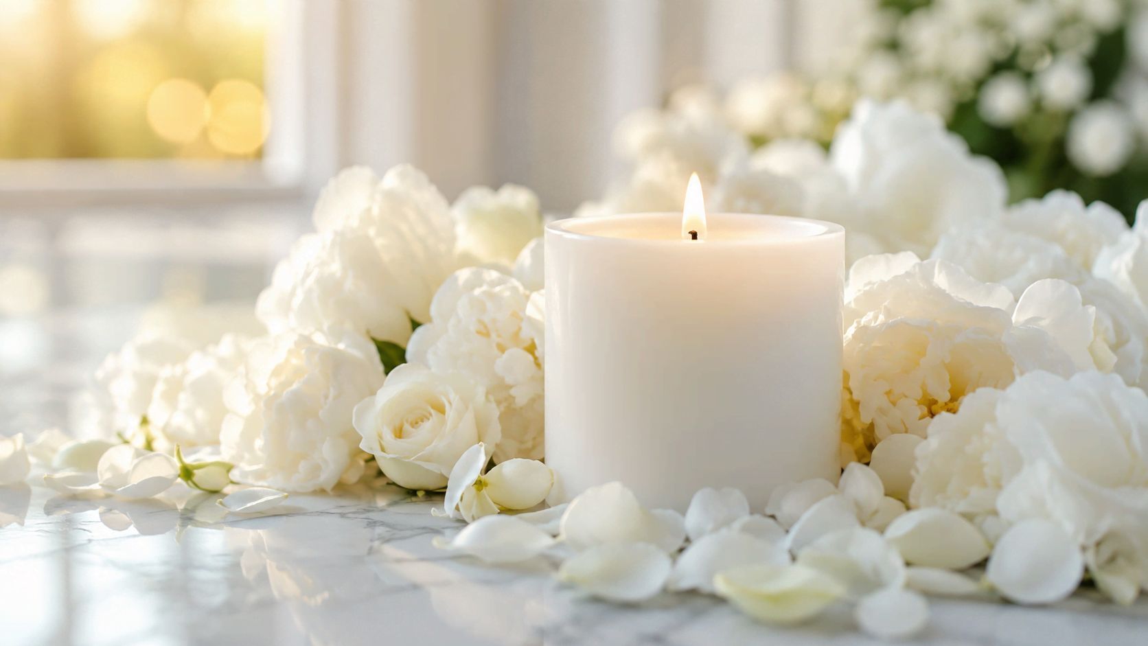 White Addison funeral home surrounded by fresh flower petals on marble for a dignified funeral or cremation service