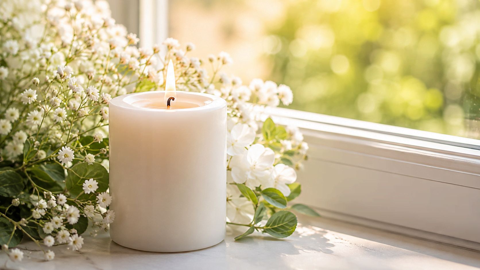 White candle on a bright windowsill of Carlton funeral home with warm daylight streaming in for a funeral service display