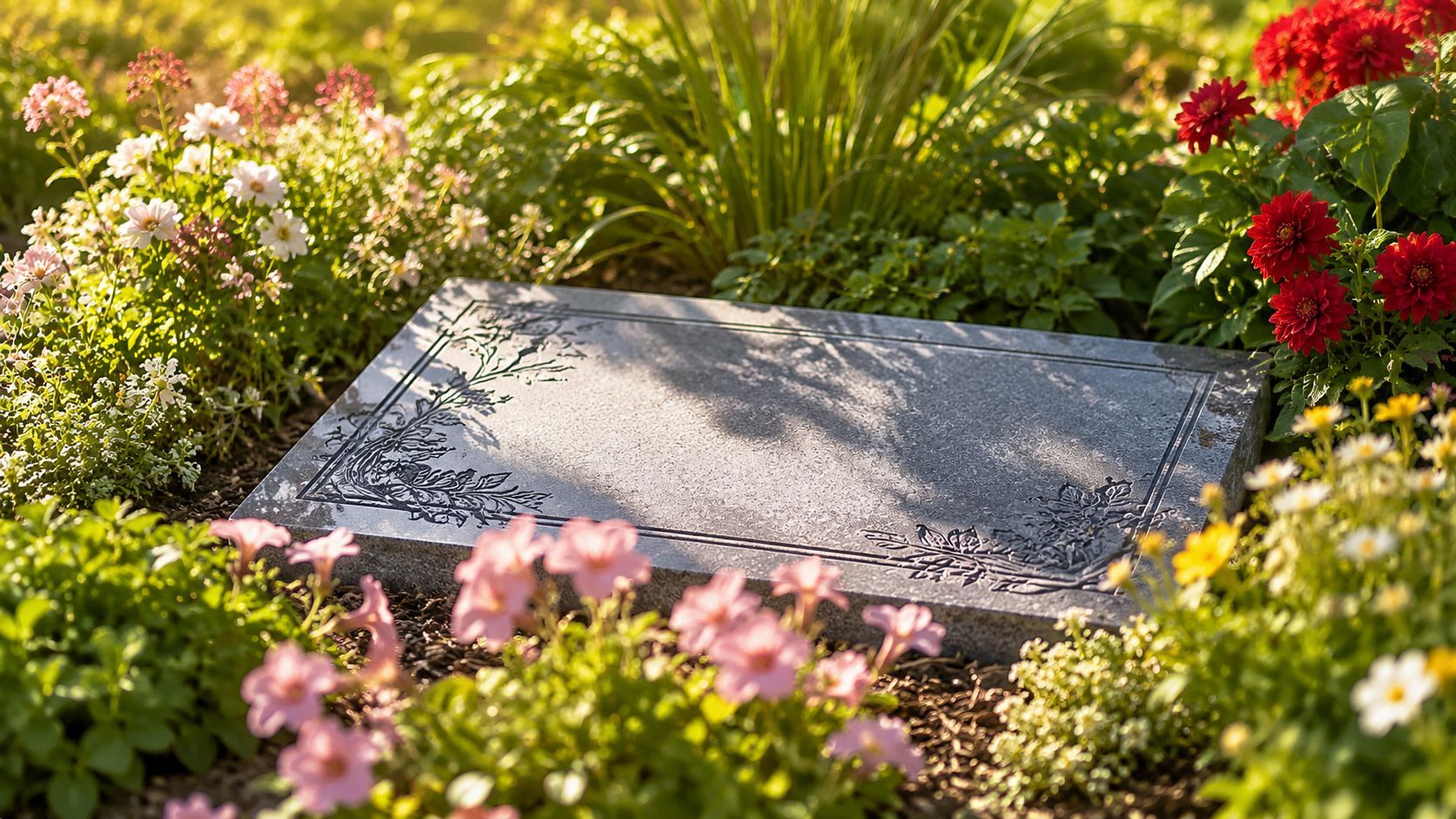 An engraved Carlton Funeral Home memorial stone nestled among fresh flowers in a sunny garden bed