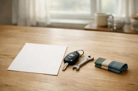 Carlton funeral home obituary writing scene with a blank page, car key, mechanic wrench