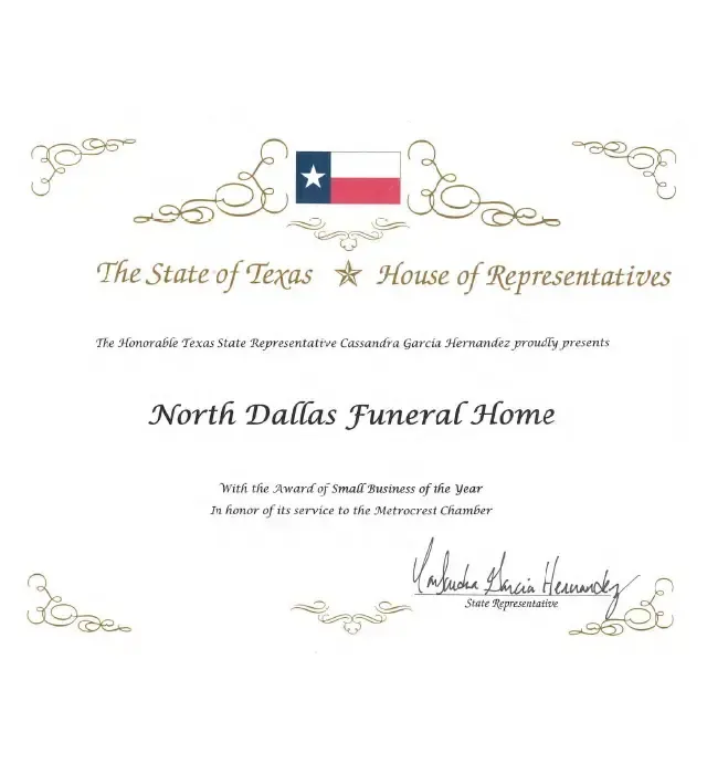 Texas House Small Business of the Year award for funeral home