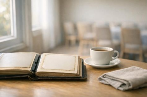 Quiet fishing photo album and coffee cup near a window for a Farmers Branch funeral home memorial